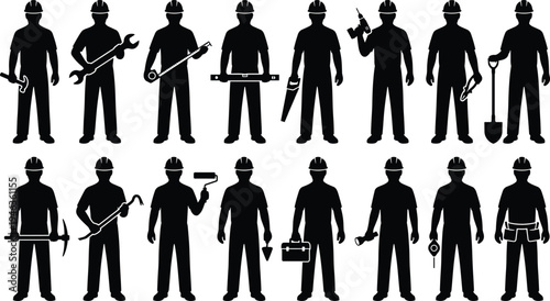 Construction worker silhouettes set holding tools, builders with wrench, drill, shovel and equipment, industrial labor workforce icons isolated