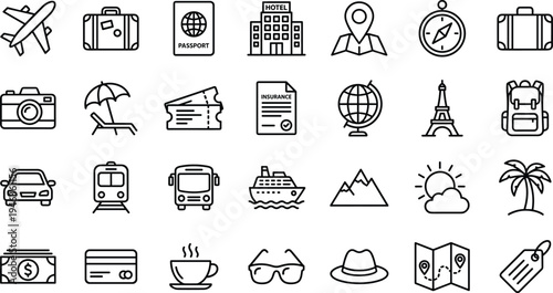 Travel and tourism line icons set with airplane passport hotel map luggage transport vacation navigation and trip planning outline vector illustration collection