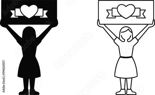 Girl holding up banner with heart symbol and ribbon icon black silhouette and line art version set