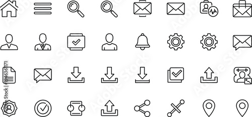 User interface line icons set with home menu search message notification settings upload download share location and profile outline vector illustration collection
