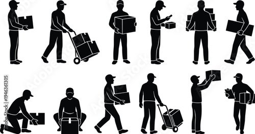 Courier delivery worker silhouettes set, logistics service staff carrying boxes, warehouse package handling, shipping transport collection isolated on white background