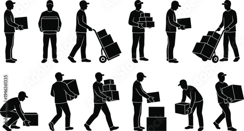 Delivery worker silhouettes carrying boxes, courier logistics service, warehouse handling, package transportation, manual labor icons set isolated on white background collection