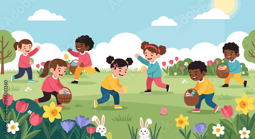 Happy Children Playing Easter Egg Hunt in a Sunny Spring Garden with Blooming Flowers