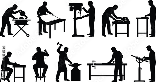 Factory worker silhouettes using machines and tools, industrial manufacturing technicians performing drilling, cutting and metalworking tasks, workshop icons set