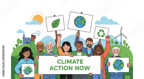 Group of Diverse People Holding Signs and Banner for Climate Action Now and Environmental Protection