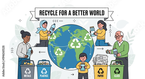 Diverse community recycling for better world with Earth globe vector