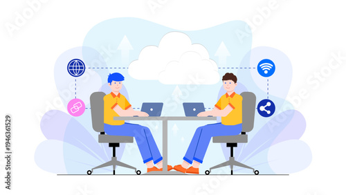 Two businessmen collaborating through cloud computing network services with various digital connectivity icons