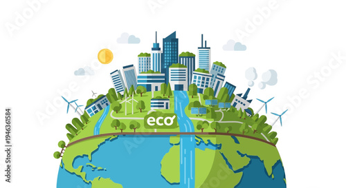 Eco sustainable city on green Earth globe with wind turbines solar panels