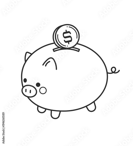 コインを入れる豚の貯金箱のイラスト　線画のみ