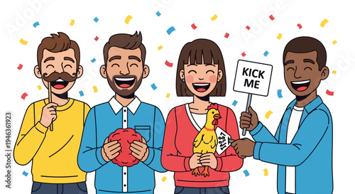 Group of diverse friends laughing and celebrating April Fools Day with various prank props and confetti