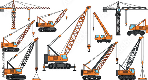 Collection of construction cranes including tower crane mobile crane and crawler crane in detailed flat vector illustration isolated on light background for engineering design