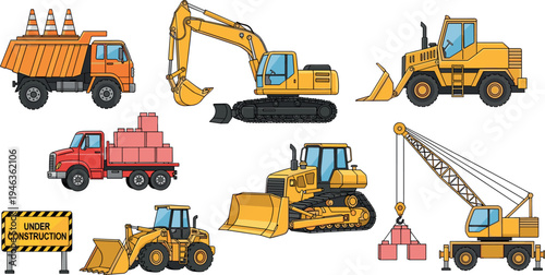 Collection of construction vehicles including excavator, bulldozer, dump truck, crane and loader in flat vector illustration style isolated on light background for industrial transport design concept