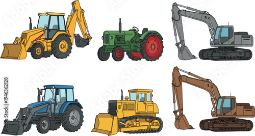 Collection of heavy construction machinery including excavators, bulldozer, tractor and backhoe loader in detailed flat vector illustration isolated on light background for industrial design