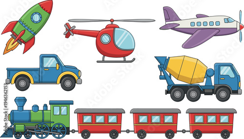 Colorful cartoon transport vehicles set featuring rocket helicopter airplane train pickup truck and cement mixer in flat vector illustration isolated on light background