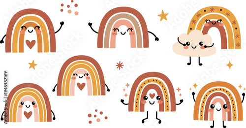 Cute rainbow cartoon characters collection with smiling faces, hearts and playful poses, adorable kawaii rainbow mascots illustration for kids design