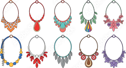 Colorful decorative necklace collection vector illustration featuring ethnic floral geometric bead and leaf jewelry designs isolated on background for fashion accessory, boutique branding  