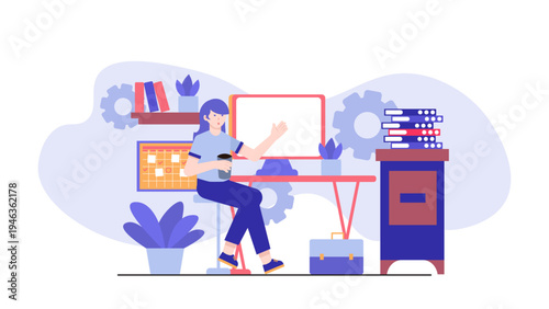 Woman sitting at office desk with various business supplies and calendar planning for workflow optimization