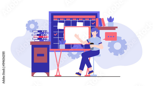 Female employee working overtime at the office with coffee and schedule planner for project management