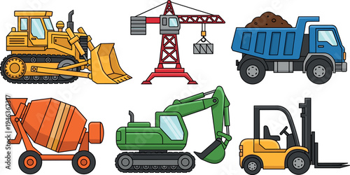Construction machinery vector collection featuring bulldozer tower crane dump truck concrete mixer excavator and forklift, heavy industrial equipment illustration for building engineering transport 