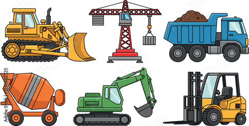 Construction machinery set vector illustration featuring bulldozer tower crane dump truck cement mixer excavator and forklift isolated on background for industrial building equipment concept