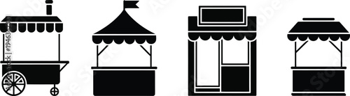 Outdoor market kiosk silhouettes including mobile food carts and festival booth stands for retail