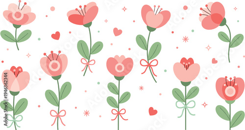 Cute romantic flower collection with hearts and bows, pastel floral love elements for Valentine greeting cards and romantic decoration illustration set