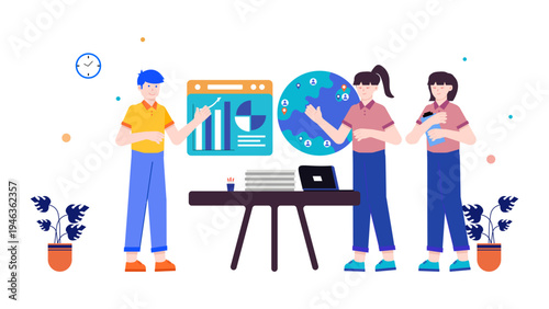 Global team collaborating during an international business conference with world map and data