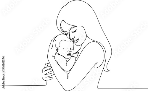 Continuous one-line drawing of mother and baby, minimalist emotional connection vector, "Created with AI assistance and manually refined."