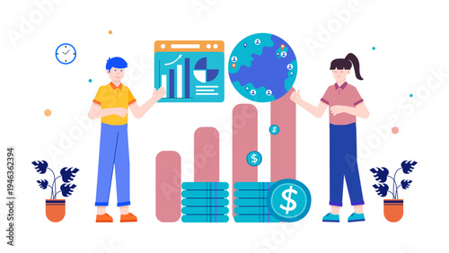 Professionals presenting data and global reach at a business exhibition and trade fair