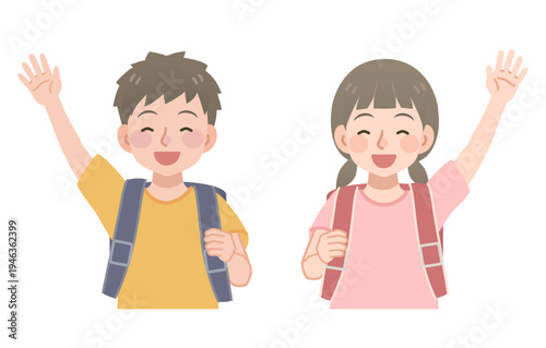 手を上げるランドセルを背負った小学生のイラスト