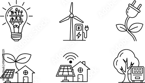 Clean outline renewable energy and smart green symbols collection, "Created with AI assistance and manually refined."