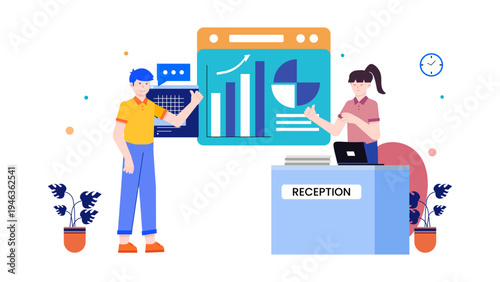 Professional reception staff assisting a guest at the office front desk for business visitor management