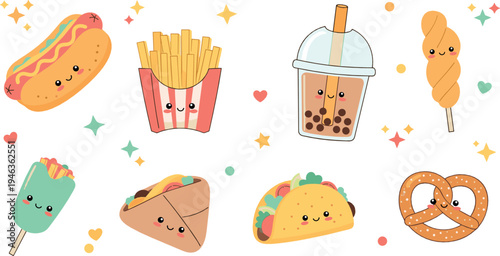Cute kawaii fast food characters including hot dog fries bubble tea taco pretzel and popsicle cartoon vector illustration set