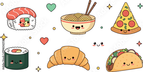 Cute kawaii food characters set with sushi ramen pizza croissant taco and onigiri cartoon vector illustration