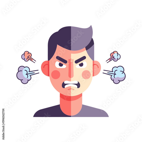 Angry Man Face with Steam Coming Out of Ears, Frustration and Rage Expression