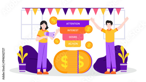 Team explaining AIDA marketing funnel strategy to increase sales conversion