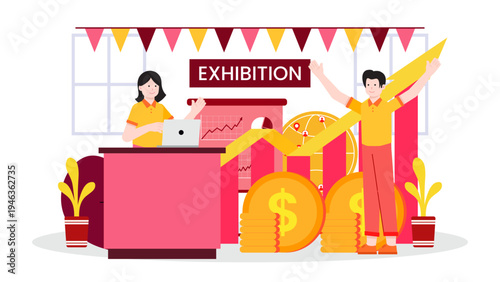 Professionals presenting financial growth charts at a business exhibition booth