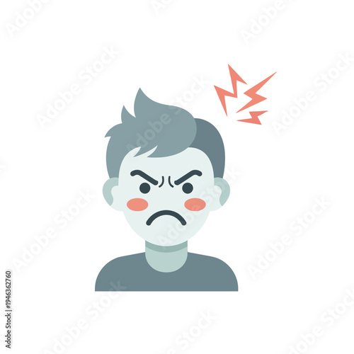 Angry Person Icon - Frustrated Man Face with Red Cheeks and Lightning Bolt