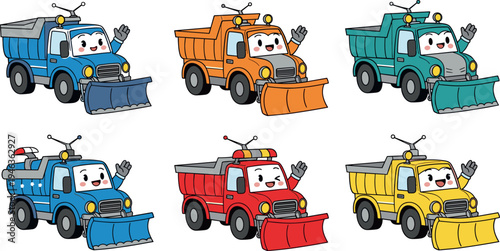 Cute cartoon snowplow dump truck vehicle set with smiling faces in colorful flat vector illustration isolated on light background for winter transport and kids design