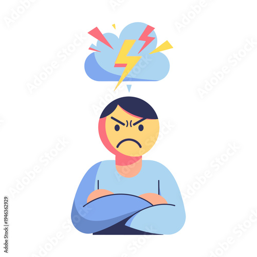 Frustrated person with angry face and storm cloud overhead, symbolizing stress and anger.