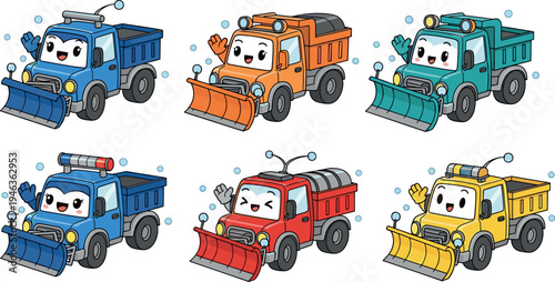 Cute cartoon snowplow trucks set with smiling faces colorful winter service vehicles vector illustration for kids transport design road cleaning snowfall maintenance concept