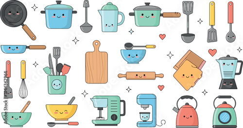 Cute kitchen utensils and cooking appliances cartoon characters collection with pots, mixer, blender and rolling pin kawaii illustration set