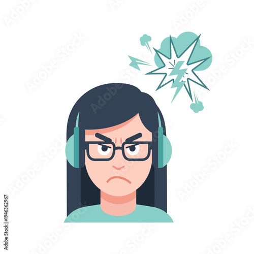 Frustrated woman wearing headphones with angry expression and explosion symbol