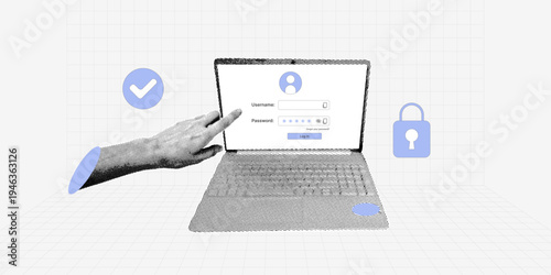 Trendy cyber security desktop concept with laptop, human hand and secure login screen with blue check in retro halftone collage style. Contemporary data protection vector illustration art