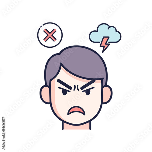 Angry face icon with red cross and storm cloud, illustrating frustration and negativity