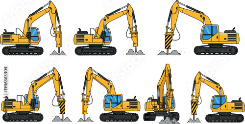 Excavator hydraulic breaker vector set showing construction machinery drilling and demolition equipment, heavy duty crawler machines working on ground isolated illustration for industrial engineering 