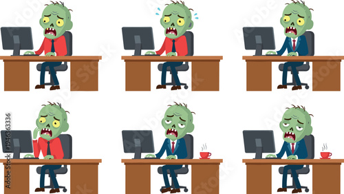 Funny zombie office worker character set showing tired stressed and bored emotions while working at computer desk in cartoon flat vector illustration isolated background