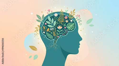 Foto Vibrant silhouette of a human head filled with lush greenery and blooming flower