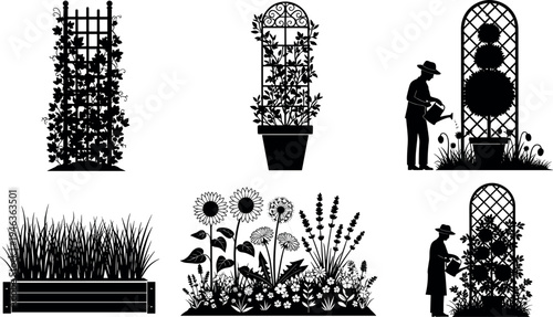 Garden silhouette vector set featuring trellis plants, flower beds and gardener watering greenery, decorative botanical elements in black isolated design for landscaping and nature themes