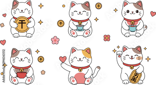 Cute maneki neko lucky cat characters holding gold coins and waving paws, adorable Japanese fortune cat cartoon illustration set